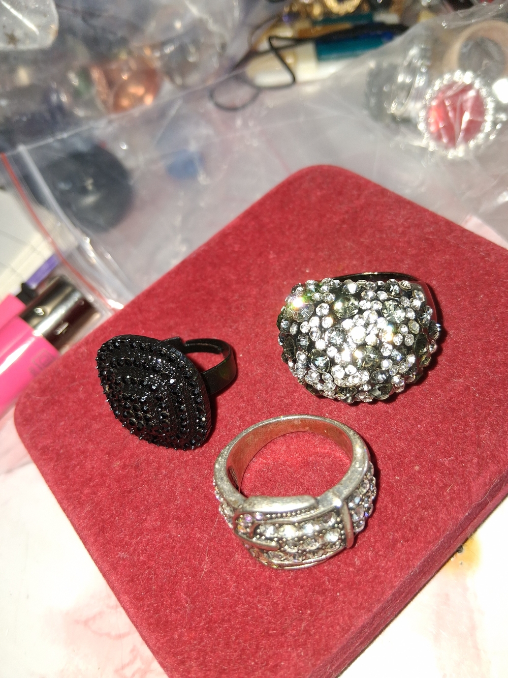 Source Unknown Black and Silver Crystal Cluster Ring Trio